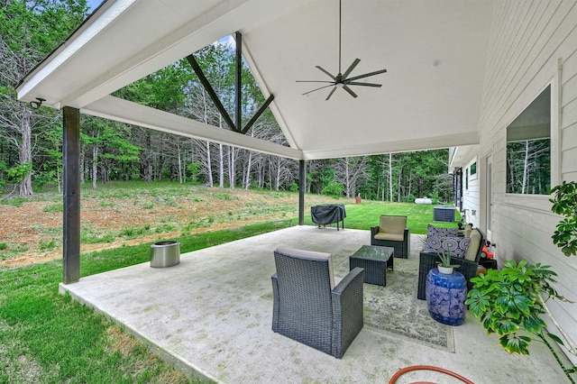 view of patio with ceiling fan and an outdoor hangout area