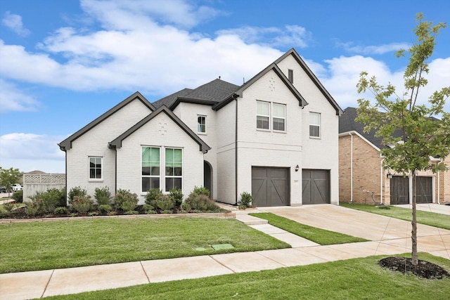 view of front of home with a garage, brick siding, driveway, and a front lawn