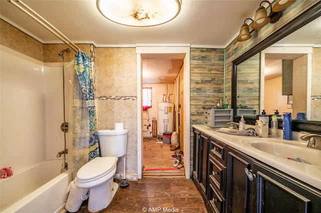 full bathroom featuring toilet, water heater, shower / tub combo with curtain, hardwood / wood-style flooring, and vanity