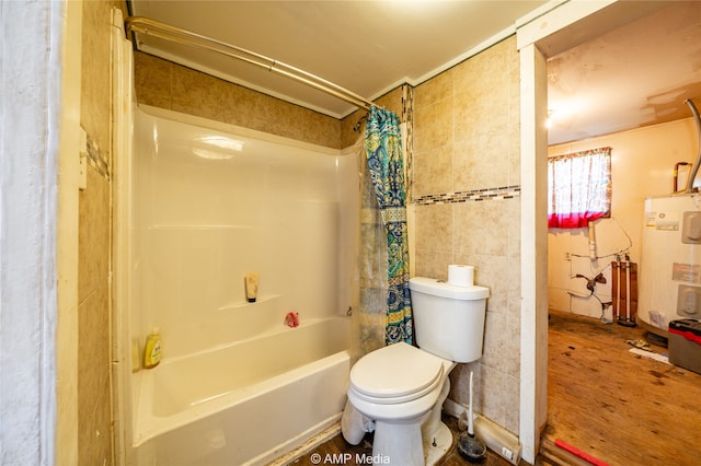 bathroom featuring shower / tub combo, electric water heater, toilet, wood-type flooring, and tile walls