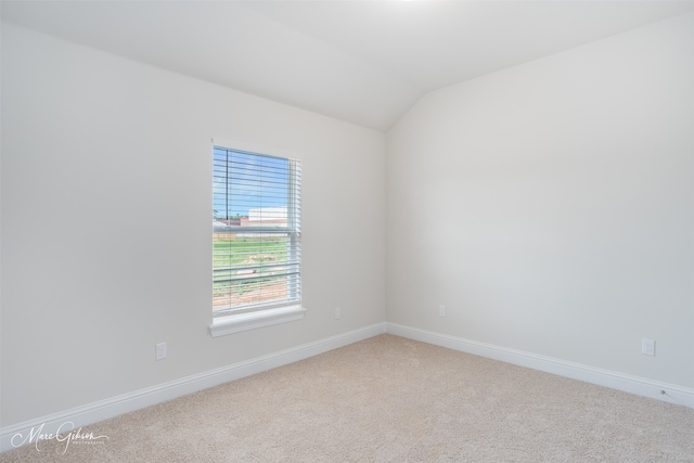 empty room with lofted ceiling and light carpet