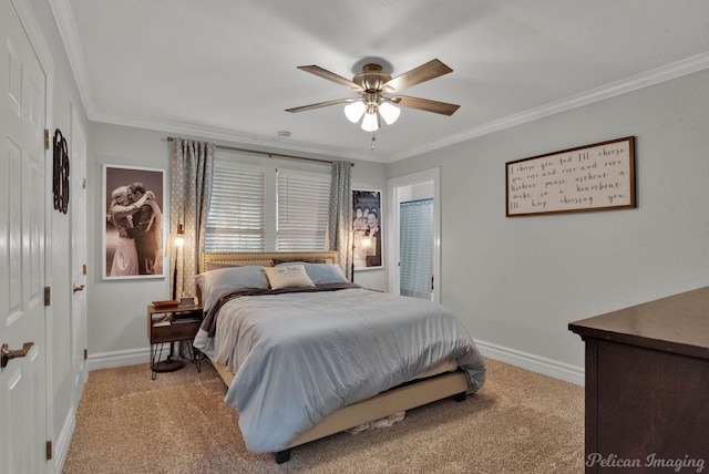 bedroom featuring ornamental molding and light colored carpet