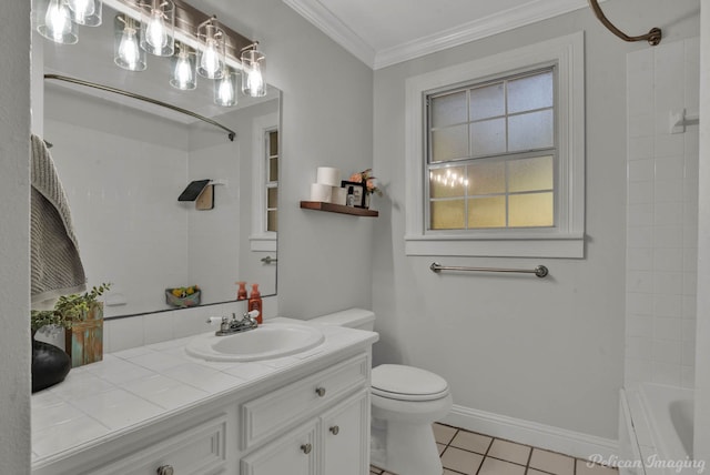 full bathroom with toilet, tile patterned floors, ornamental molding, bathing tub / shower combination, and vanity