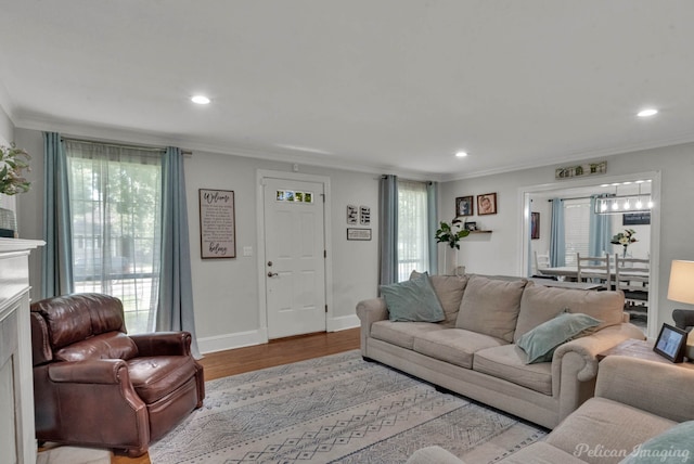 living room with crown molding and light hardwood / wood-style floors