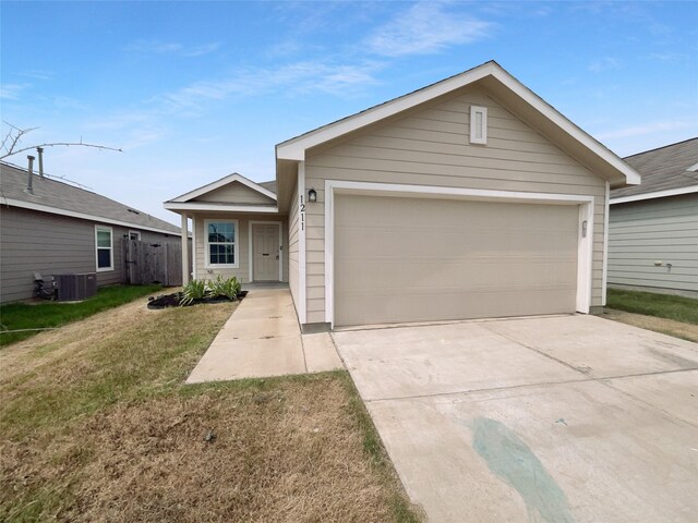 ranch-style home with a front lawn, central AC unit, and a garage