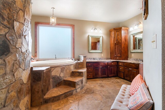 bathroom with a relaxing tiled tub, tile patterned flooring, and dual bowl vanity