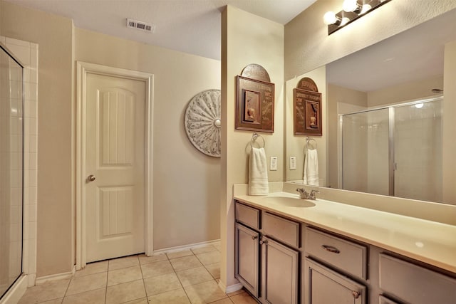 bathroom featuring vanity, tile patterned flooring, and a shower with door