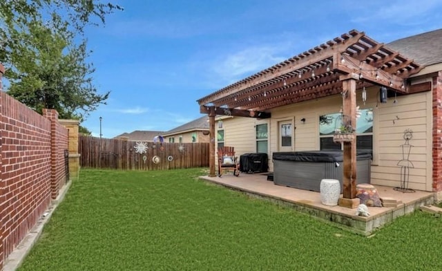 back of property featuring a patio area, a hot tub, a yard, and a pergola