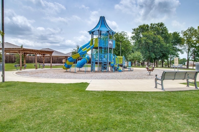 view of jungle gym featuring a yard