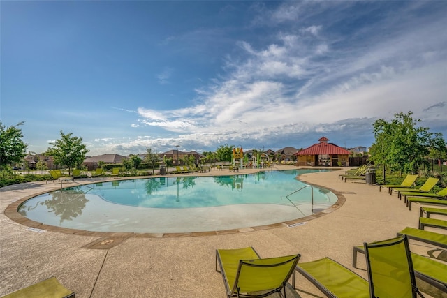 view of pool featuring a gazebo and a patio