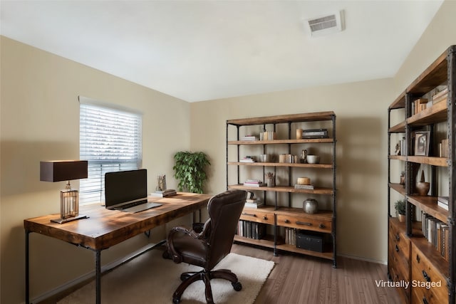 office area with dark wood-type flooring