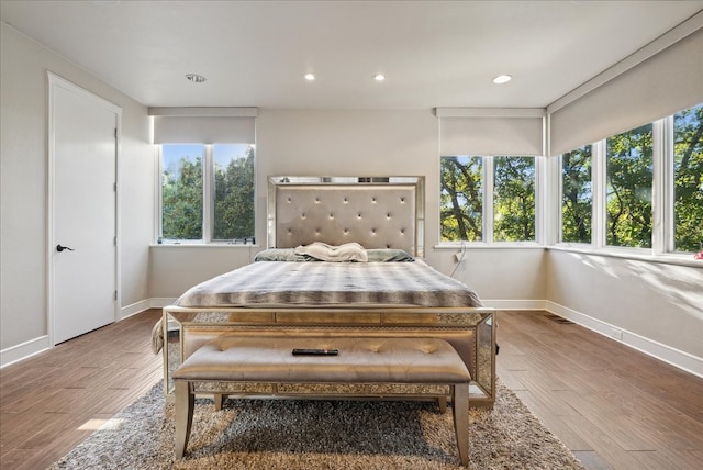 bedroom with wood-type flooring and multiple windows