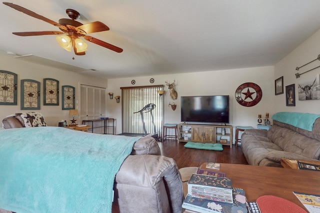 bedroom featuring hardwood / wood-style flooring and ceiling fan