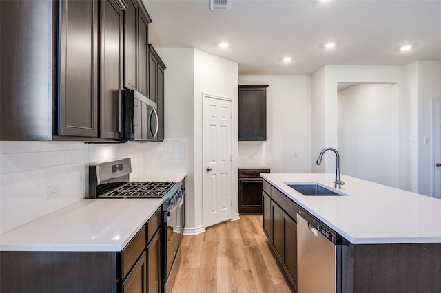 kitchen with sink, appliances with stainless steel finishes, a kitchen island with sink, backsplash, and light wood-type flooring