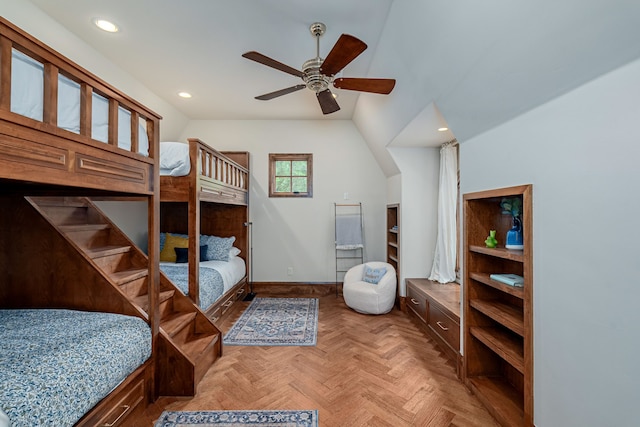 bedroom featuring light parquet flooring