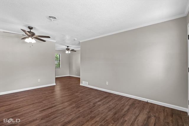 unfurnished room with crown molding, dark hardwood / wood-style flooring, ceiling fan, and a textured ceiling