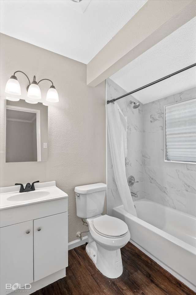 full bathroom featuring hardwood / wood-style floors, vanity, toilet, and shower / bathtub combination with curtain