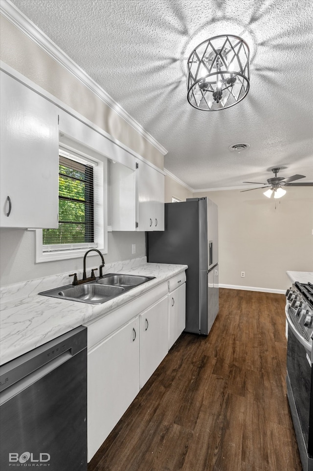 kitchen featuring white cabinetry, sink, stainless steel appliances, dark hardwood / wood-style floors, and crown molding