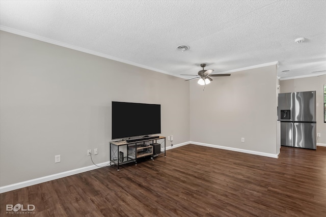 unfurnished living room with ceiling fan, dark wood-type flooring, and ornamental molding