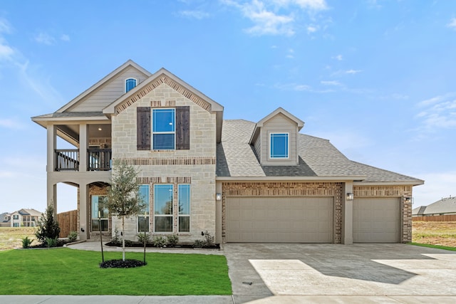 view of front of property featuring a garage, a balcony, and a front lawn