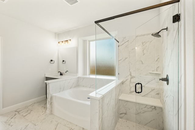 bathroom featuring separate shower and tub and vanity