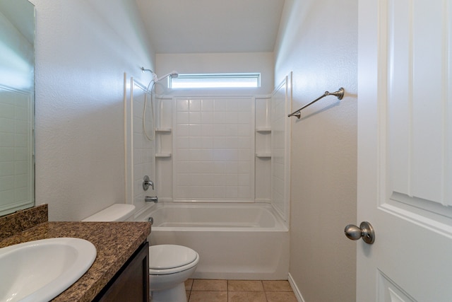 full bathroom featuring bathtub / shower combination, toilet, vanity, and tile patterned flooring