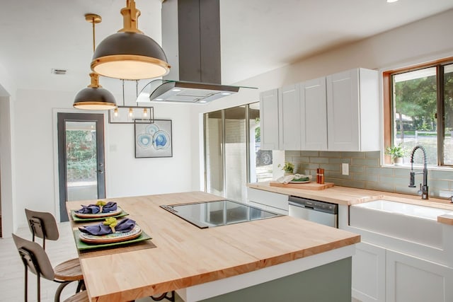 kitchen with island range hood, dishwasher, tasteful backsplash, and white cabinetry