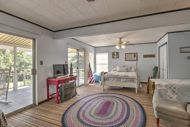 bedroom with baseboards, crown molding, carpet, and access to outside