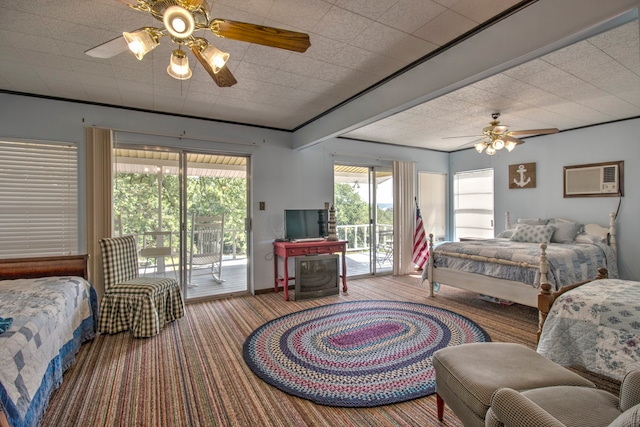 bedroom featuring access to exterior, a wall unit AC, ceiling fan, and carpet flooring