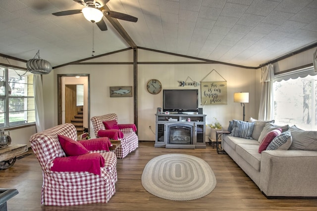 living room with ceiling fan, lofted ceiling with beams, wood finished floors, and ornamental molding