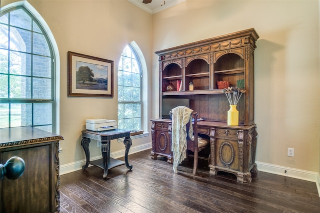 office area with crown molding and dark wood-type flooring