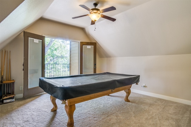 game room featuring lofted ceiling, ceiling fan, pool table, and carpet