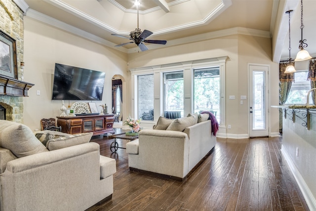 living room featuring ceiling fan, ornamental molding, dark hardwood / wood-style floors, and a stone fireplace