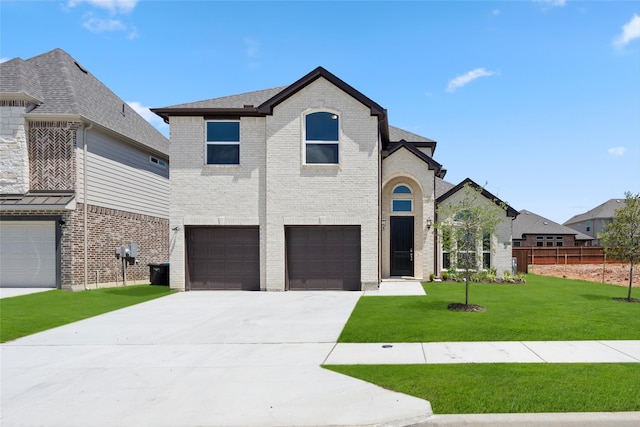 view of front of house featuring a front lawn and a garage