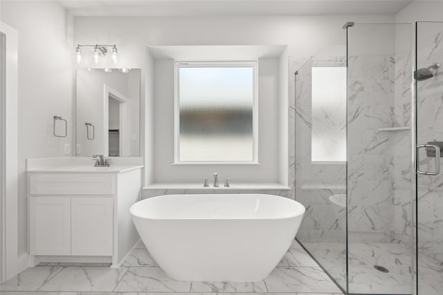 bathroom with separate shower and tub, plenty of natural light, tile patterned floors, and vanity