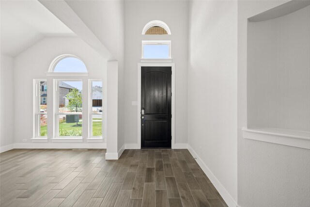 foyer entrance with lofted ceiling and hardwood / wood-style floors