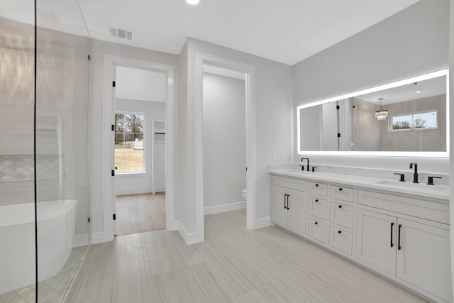 bathroom with vanity, toilet, and walk in shower