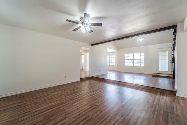 unfurnished living room with vaulted ceiling with beams, dark hardwood / wood-style floors, and ceiling fan