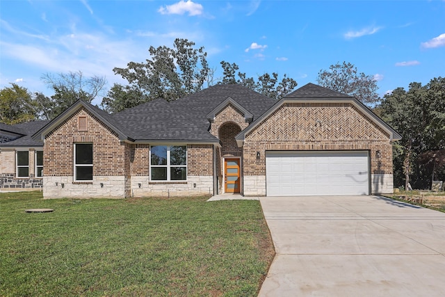 view of front of property with a garage and a front yard