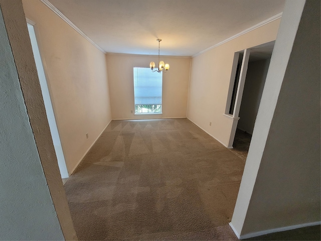 hallway featuring ornamental molding, carpet floors, and an inviting chandelier