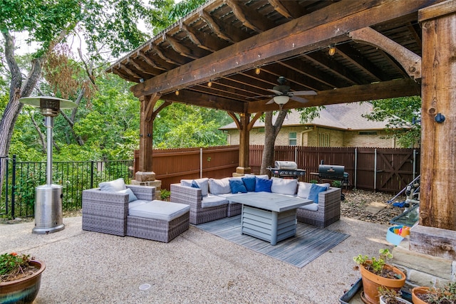 view of patio featuring ceiling fan, an outdoor hangout area, and grilling area