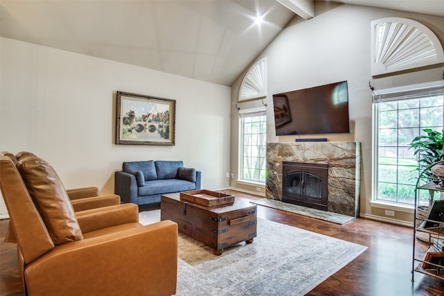 living room featuring beam ceiling, wood-type flooring, a fireplace, and plenty of natural light