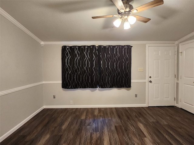 spare room featuring ornamental molding, ceiling fan, and dark hardwood / wood-style floors