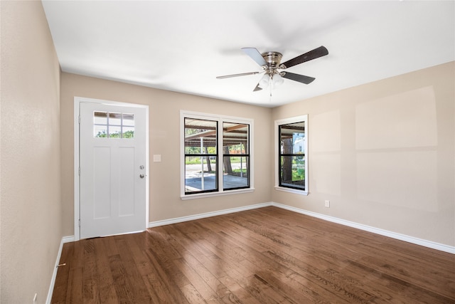 foyer with ceiling fan and hardwood / wood-style floors