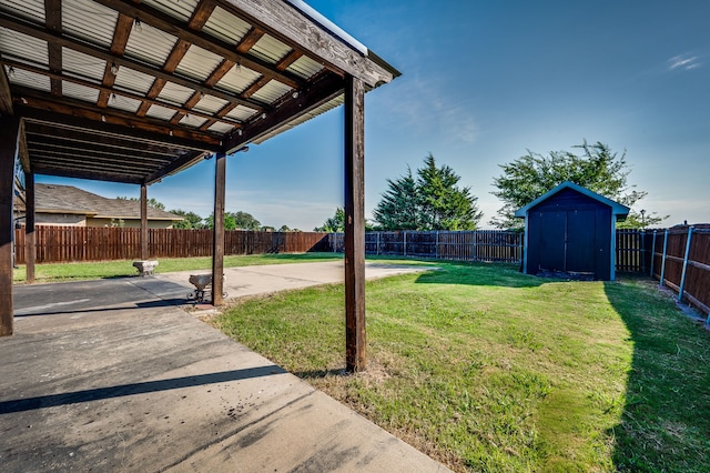 view of yard featuring a patio area and a shed