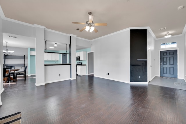 living room with ceiling fan with notable chandelier, crown molding, and hardwood / wood-style flooring