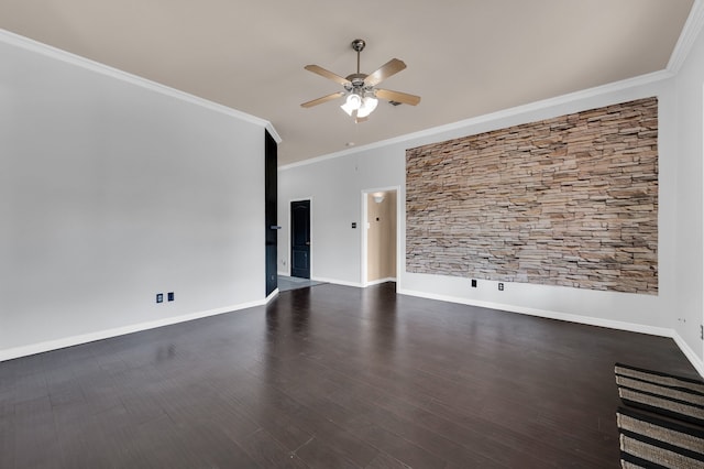 interior space with ceiling fan, ornamental molding, and wood-type flooring