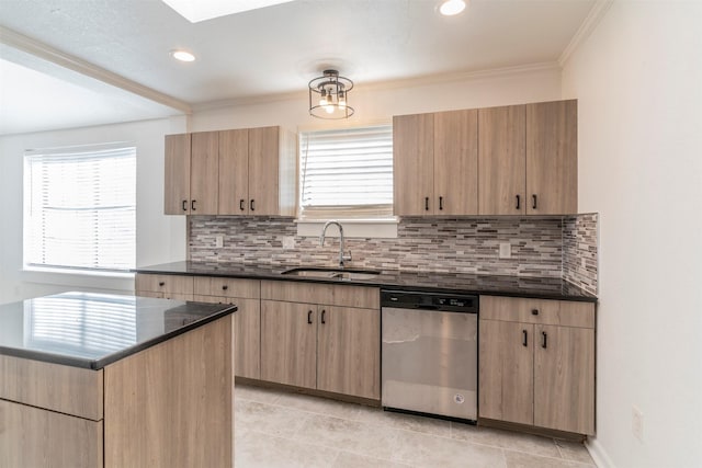 kitchen with sink, decorative backsplash, ornamental molding, a center island, and stainless steel dishwasher