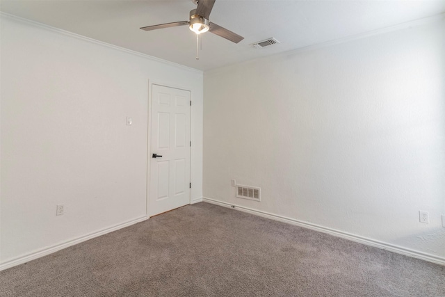 unfurnished room featuring ornamental molding, carpet floors, and ceiling fan