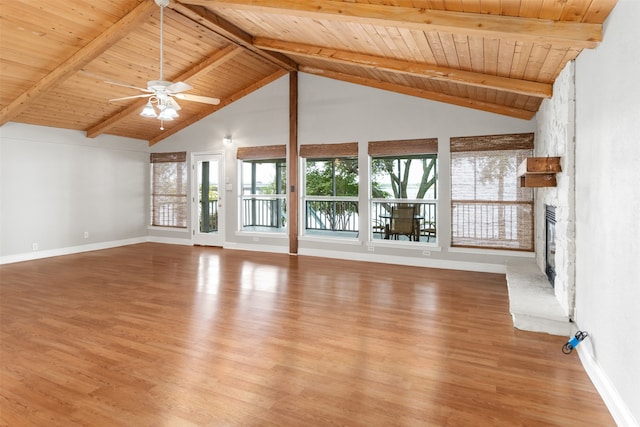 unfurnished living room featuring wood ceiling, hardwood / wood-style flooring, high vaulted ceiling, a fireplace, and beamed ceiling